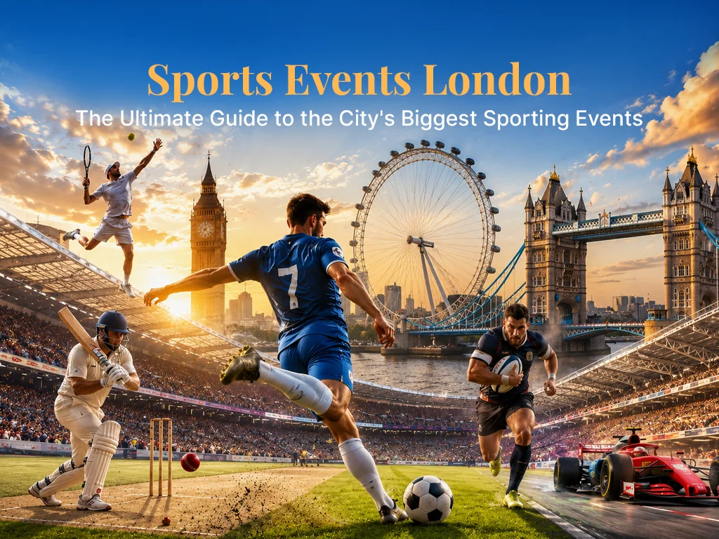 Athletes playing tennis, cricket, football, rugby, and racing a Formula 1 car in front of London landmarks at sunset, with text reading "Sports Events London: The Ultimate Guide to the City's Biggest Sporting Events."