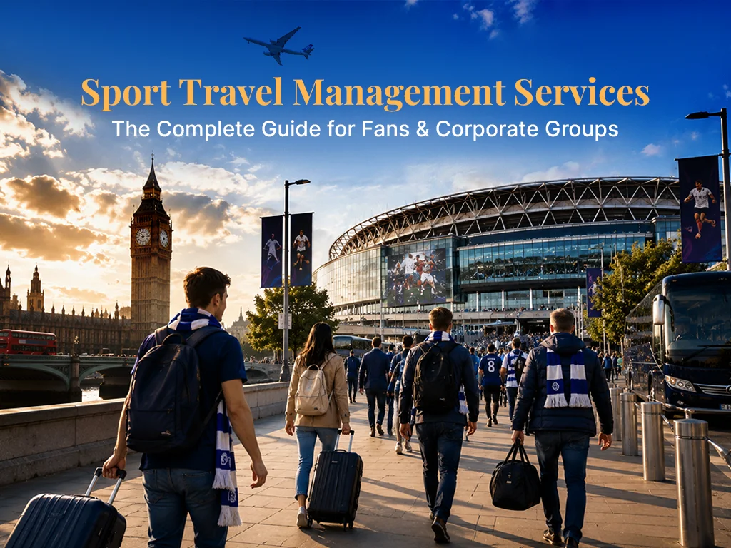 Sports travel management services guide title over a group of fans with luggage walking toward a stadium in London near the Thames River.