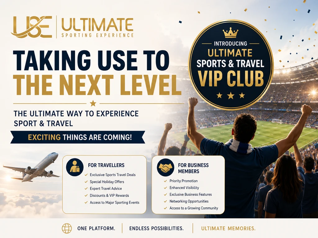 Ultimate Sporting Experience VIP Club banner featuring a packed stadium and exclusive membership benefits for sports travellers.