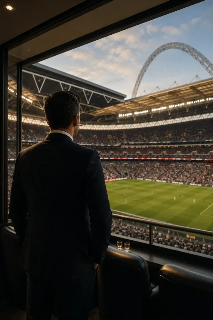 Premium sports events hospitality with panoramic views of a football match from an exclusive stadium box.