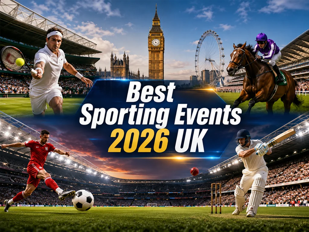 Promotional graphic reading “Best Sporting Events 2026 UK,” featuring tennis, horse racing, football, and cricket against London landmarks including Big Ben and the London Eye.