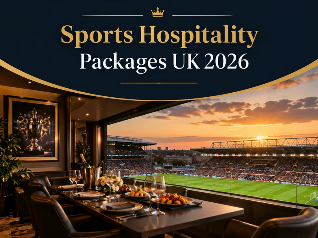 Text reads Sports Hospitality Packages UK 2026 above a stadium suite dining room overlooking a lit football pitch at sunset.