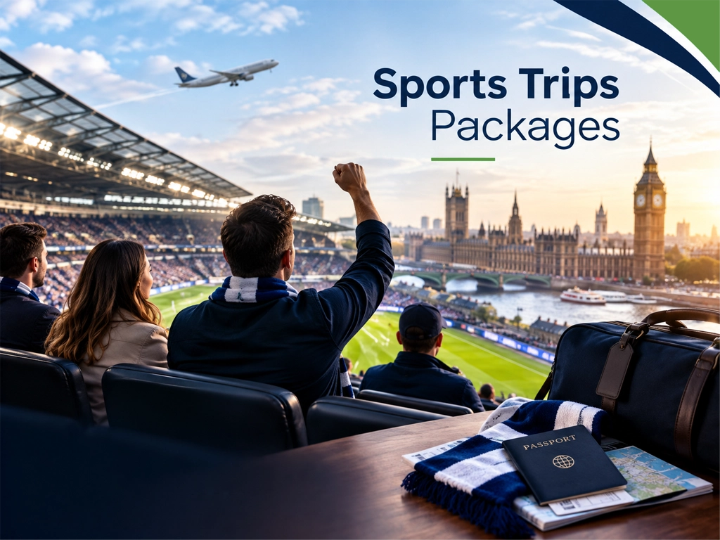 Spectators watch a soccer match from a stadium overlooking London landmarks, with an airplane overhead and a passport on a table; text reads Sports Trips Packages.