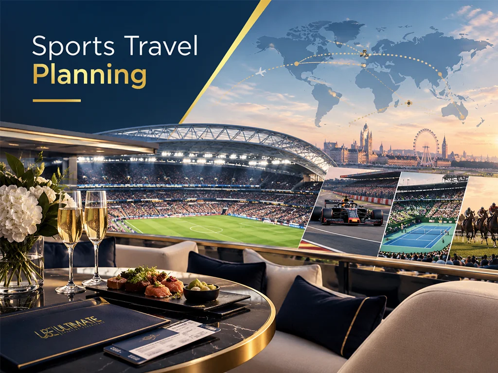 Premium sports travel planning with luxury stadium hospitality, football, Formula 1, tennis, horse racing, and global travel routes across London.
