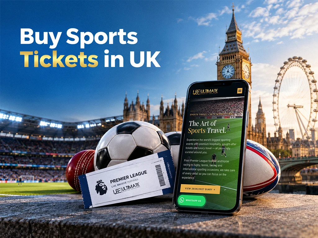 A football, cricket balls, rugby ball, and Premier League ticket sit beside a phone displaying a sports travel site, with Big Ben and the London Eye behind them; text reads “Buy Sports Tickets in UK.”